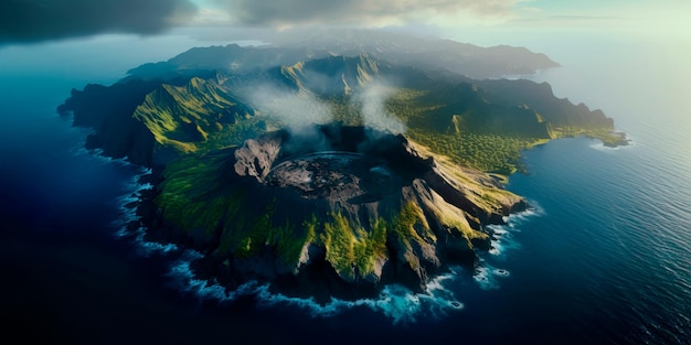 encantadora vista aérea de una isla remota con un cráter volcánico que muestra la belleza escarpada del paisaje natural