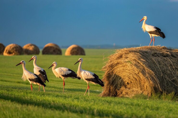 Una encantadora vista del campo con cigüeñas graciosamente posadas en un amplio campo rodeado