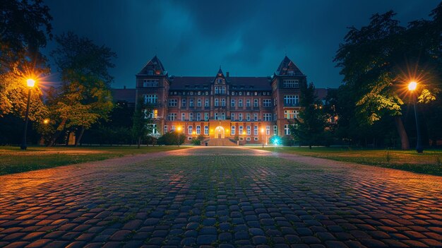 Encantadora vista noturna do campus universitário iluminado