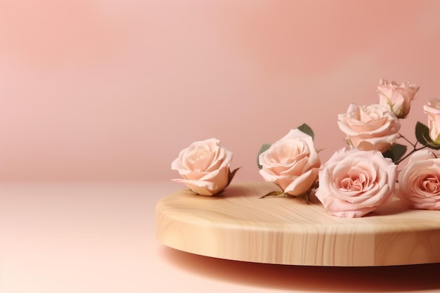 Encantadora vitrina de belleza adornada con flores de rosa en el podio de madera beige contra el fondo rosa pastel