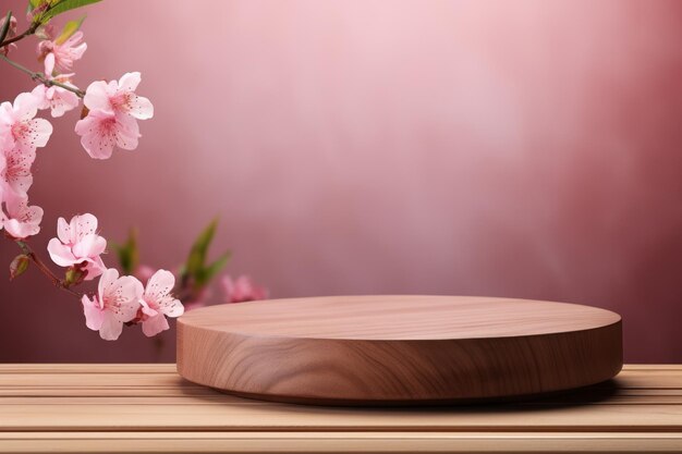 Encantadora vitrine de cosméticos em flor, pódio de madeira adornado com flores cor de rosa