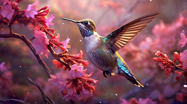 Encantadoramente hermoso pájaro colibrí en vuelo sobre plantas con flores en primavera