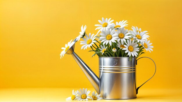 Encantadoras flores brancas de margarida florescendo em uma lata de água em um fundo amarelo vibrante da primavera