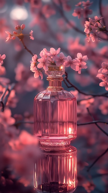 Foto encantadoras flores de cerejeira encapsuladas numa garrafa de perfume