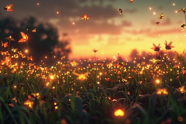 Foto encantadoras luciérnagas iluminando una noche de verano