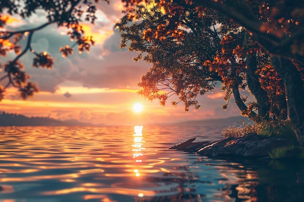 Encantadoras puestas de sol a orillas del lago que se reflejan en el agua