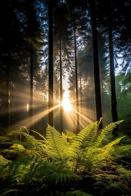 Encantadoras samambaias perenes iluminadas pelo sol e majestosa copa da floresta