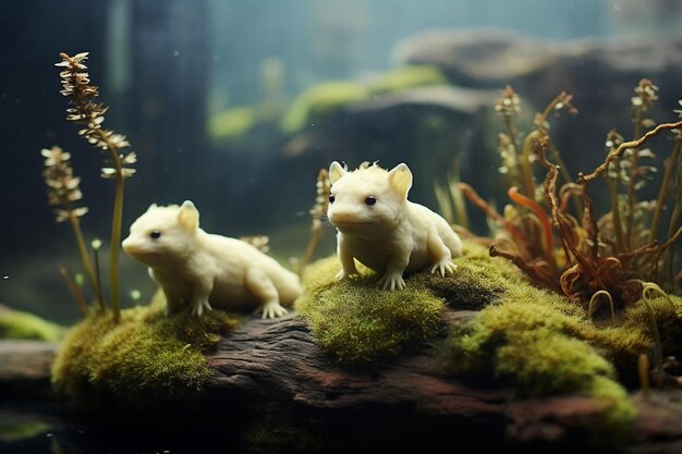 Encantadores axolotles camuflándose entre las algas a la deriva