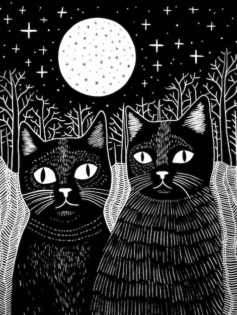 Foto encantadores compañeros lunares un retrato místico de dos amigos gatos iluminados por la luna en un conjunto de linóleo brujo