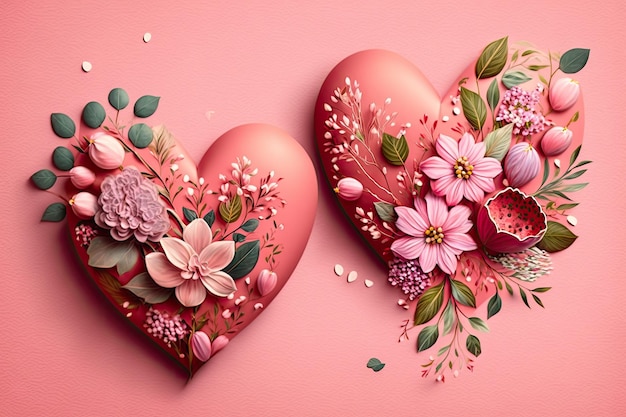 Encantadores corazones románticos pintados del día de san valentín sobre fondo rosa con flores