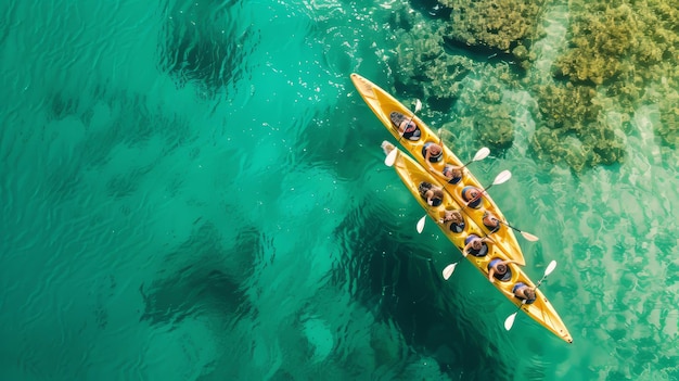 Encantadores Mares Esmeralda Jovens Mulheres Comandando Uma Canoa Esportiva Amarela em Uma Vista Aérea Deslumbrante