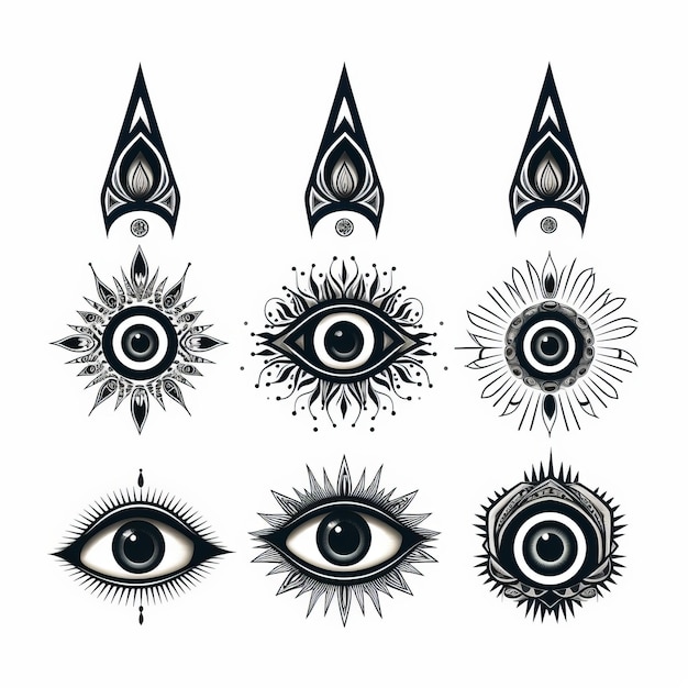 Foto encantadores ojos malvados intrincados tatuajes de geometría sagrada en 2d en un acabado negro audaz