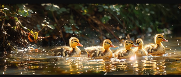 Foto los encantadores patitos amarillos juegan alegremente junto a un estanque luminescente e intoxicante, apuntando al encantador sol radiante que cae sobre el agua y el espacio.