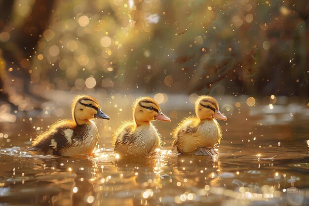 Foto los encantadores patitos amarillos juegan alegremente junto a un estanque luminescente e intoxicante, apuntando al encantador sol radiante que cae sobre el agua y el espacio.