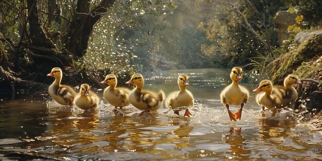 Los encantadores patitos amarillos juegan alegremente junto a un estanque luminescente e intoxicante, apuntando al encantador sol radiante que cae sobre el agua y el espacio.