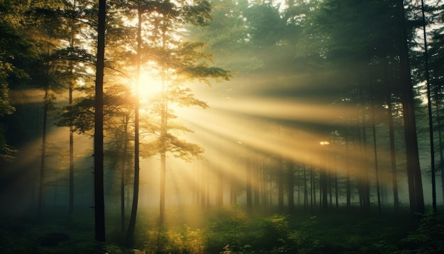 Encantadores rayos de sol que arrojan rayos de luz radiante a través de un bosque sereno y lleno de niebla