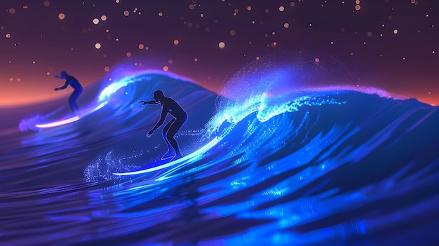 Foto encantadores surfistas luminosos montan olas bioluminescentes en una experiencia surrealista iluminada por estrellas.