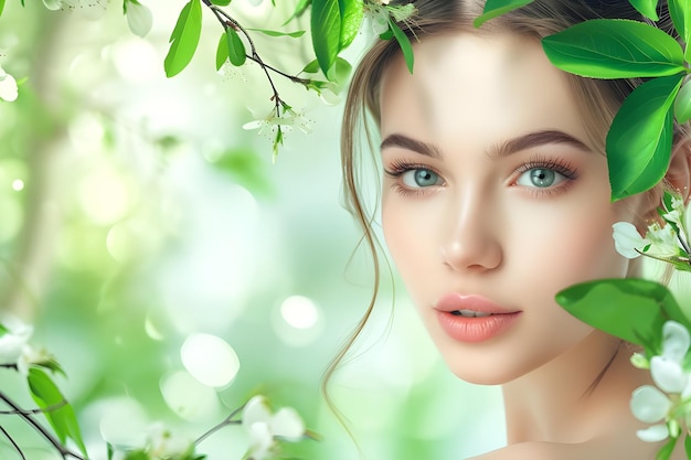 Encantadores verdes mujeres belleza manantiales a la vida en el estandarte de la primavera