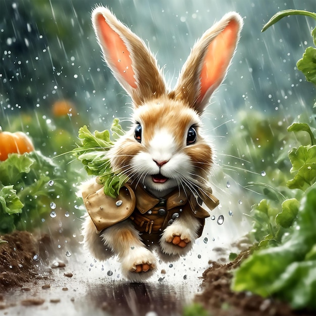 Encantamento de chuva de verão Jornada caprichosa em aquarela com um coelho brincalhão