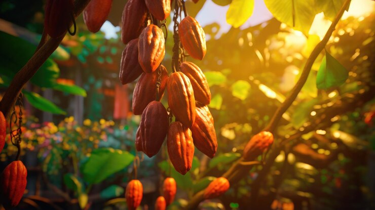 El encanto del árbol de cacao con sus vainas llenas de la esencia de chocolate aterciopelada y decadente