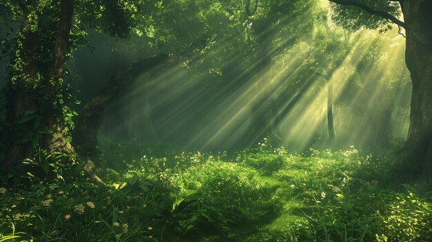 Encanto del bosque místico La luz del sol se filtra a través de los árboles verdes y exuberantes en un bosque místico