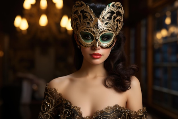 El encanto cautiva a una hermosa mujer con una máscara misteriosa La elegancia se encuentra con la seducción, la lencería, el encanto enigmático, la fascinante fusión de sensualidad y encanto oculto en una composición íntima y elegante.
