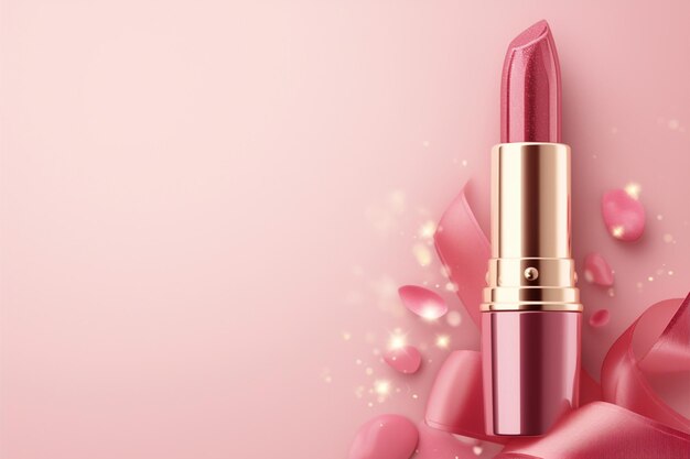 Encanto cosmético Lipstick en un fondo rosado que proporciona un amplio espacio de copia