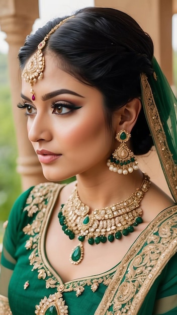 Encanto de Esmeralda Retrato cativante de uma noiva indiana em um Lehenga verde irradiando elegância e graça nupcial generativa ai