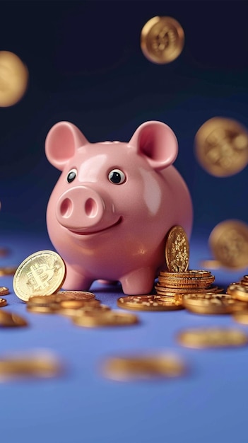 Foto encanto de poupança moedas de ouro entram em um porco rosa para depósito vertical mobile wallpaper