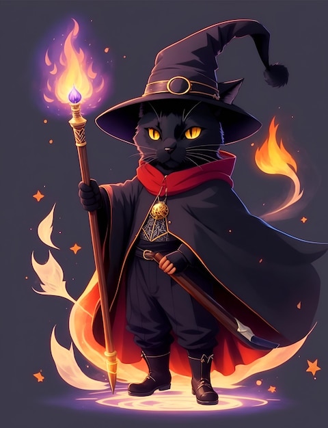 El encanto de un gato negro enorme con ropa de mago
