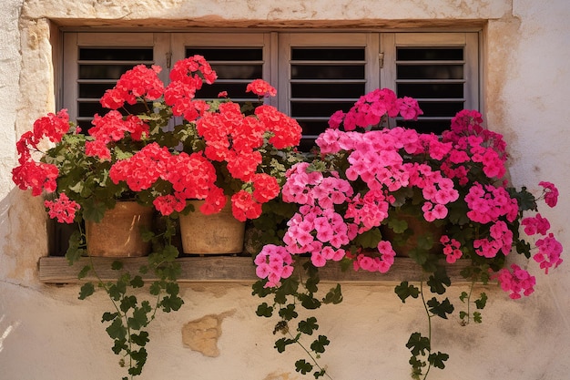 El encanto de los geranios traseros El deleite de la caja de la ventana