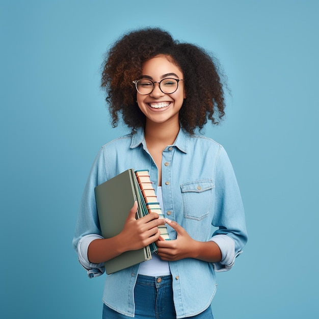 Encanto intelectual Sonriente chica afroamericana con una vibración inteligente y nerd