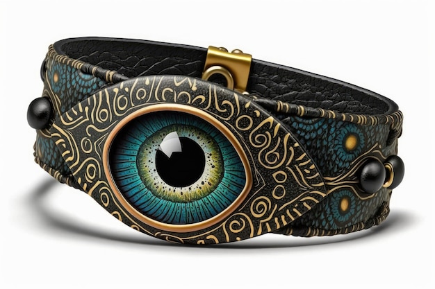 Encanto mal de ojo con intrincados patrones y colores en pulsera de cuero negro