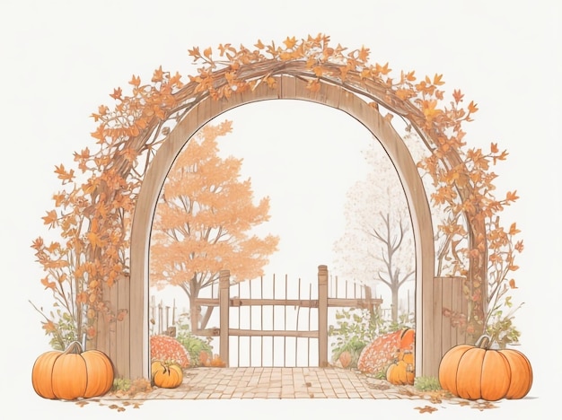 El encanto de octubre, la vista del jardín de otoño con arco de madera