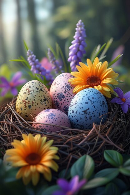 El encanto de Pascua un amanecer sereno un conejo juguetón o una intrincada naturaleza muerta adornada con pasteles flores y huevos captura la esencia de la tradición familiar y manantiales belleza IA generativa