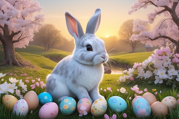 El encanto de Pascua, los amaneceres serenos, los conejitos juguetones y las flores pastel, la captura de la tradición familiar, el arte generativo de la IA.