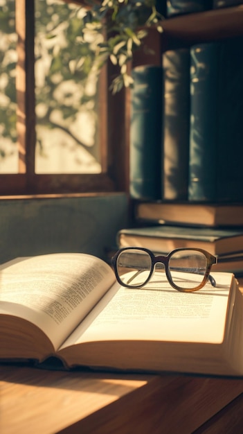 El encanto del rincón de lectura Libro abierto con gafas en un escritorio de madera Papel de pared móvil vertical