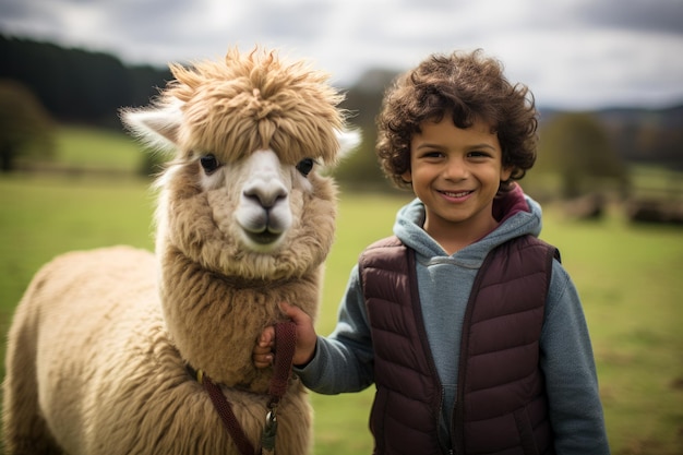 El encanto rural de un niño y su alpaca