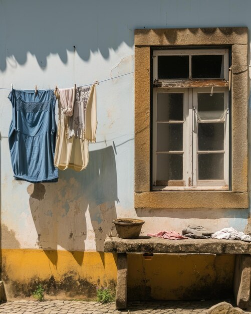 Foto el encanto rústico de la lavandería soplando en la brisa contra la arquitectura portuguesa