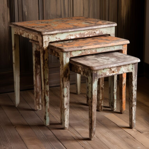 Foto el encanto rústico de las mesas de anidación de madera con dimensiones de múltiples capas