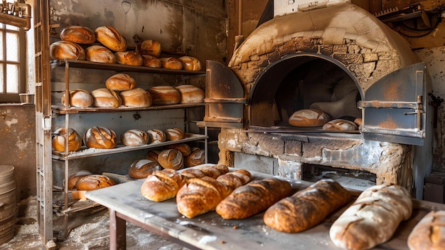 El encanto rústico de una panadería tradicional Las estanterías llenas de pan fresco invitan a los clientes con su delicioso aroma