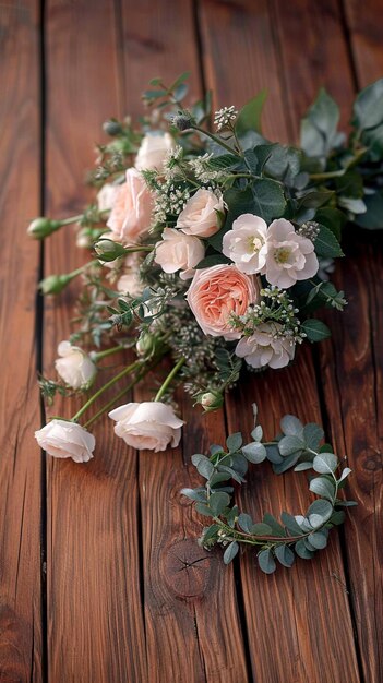 Encanto rústico rosas cremosas claveles blancos sobre un suelo de madera Papel pintado móvil vertical