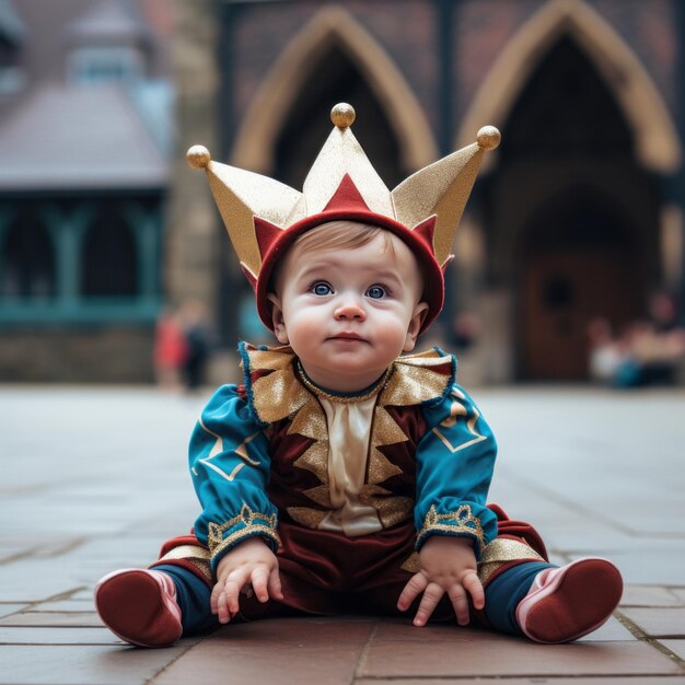 Foto los encantos corteses son testigos de la transformación medieval de un niño juguetón como un bufón en medio de una majestuosa compañía