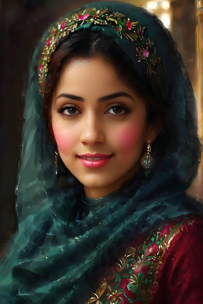 Encantos hipnotizantes revelando o encantador sorriso tímido da beleza árabe