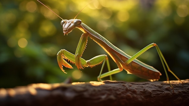 Foto encaramado en una rama delgada del árbol, la mantis religiosa.