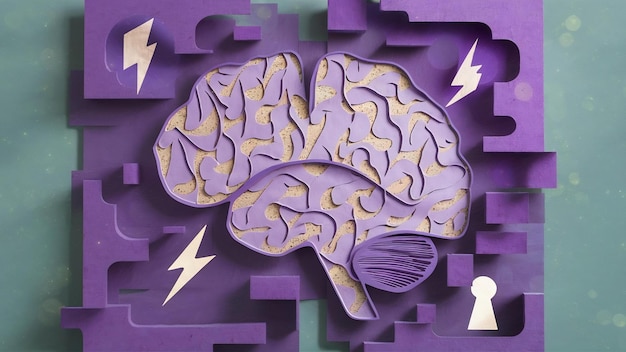 Encefalografía del cerebro recorte de papel en fondo púrpura epilepsia y ataque de conciencia de Alzheimer
