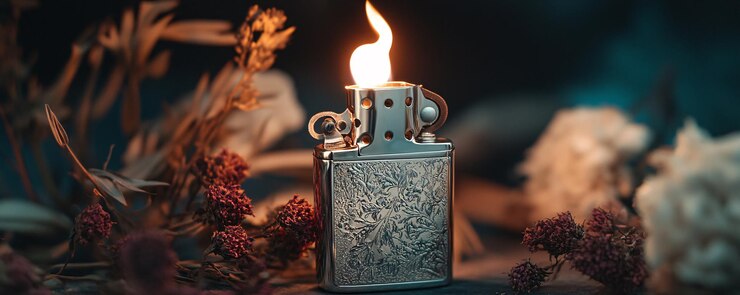 Encendedor de metal vintage ardiendo con flores en el fondo