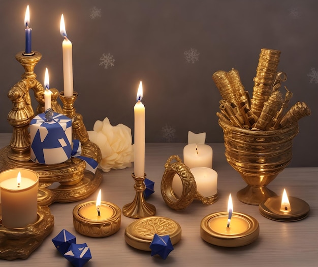 Encendí muchas velas brillando con el fondo de Hanukkah generado por ai