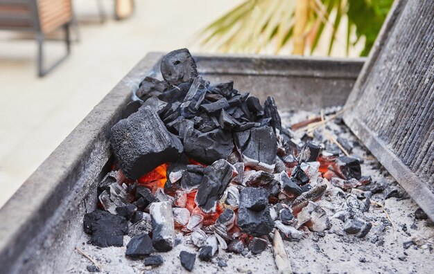 Encendido de carbones en la parrilla de la barbacoa. Fiesta de barbacoa.