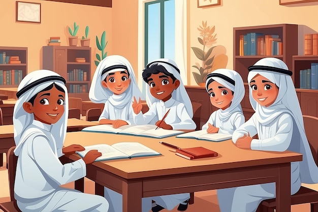 Foto encepto de aprendizaje con escolares árabes en la mesa con ropa nacional conjunto de alumnos árabes en estilo plano